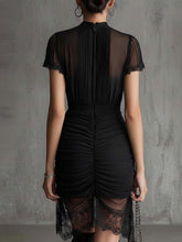Load image into Gallery viewer, Black Lace Patchwork Slit Midi Dress – Slim-Fit High-Waist See-Through Dress for Women