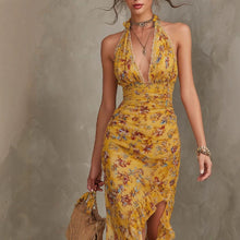 Load image into Gallery viewer, Women's Halter Neck Deep V Floral Maxi Dress | Ruffle Split Waist-Cinching Boho Dress