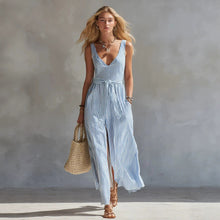 Load image into Gallery viewer, Women's Blue & White Striped Maxi Dress | V-Neck Waist-Tie Side Split Beach Dress