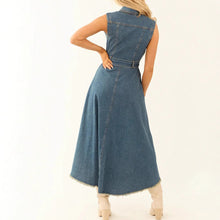 Load image into Gallery viewer, Women's Sleeveless Denim Midi Dress – Irregular Hem Button-Front
