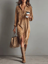 Load image into Gallery viewer, Women's Corduroy Long Sleeve Shirt Dress – Turn-Down Collar Button Front Midi with Pockets