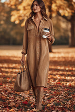Load image into Gallery viewer, Women's Corduroy Long Sleeve Shirt Dress – Turn-Down Collar Button Front Midi with Pockets