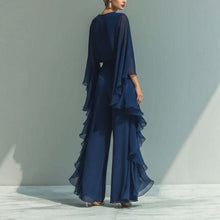 Load image into Gallery viewer, Deep Blue Ruffle Wide-Leg Pants Set – Elegant Two-Piece Batwing Sleeve Outfit for Women