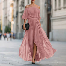 Load image into Gallery viewer, Women's One-Shoulder Ruffle Sleeve Chiffon Maxi Dress | Side Split High Waist Dress in 3 Colors