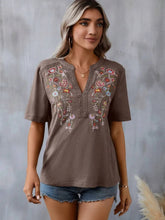 Load image into Gallery viewer, Women's Floral Embroidered Notched V-Neck T-Shirt – Short Sleeve Boho Lace Trim Top