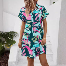 Load image into Gallery viewer, Women's Colorful Tropical Print Shirt Dress – Button Front Short Sleeve Collared A-Line Midi