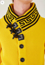 Load image into Gallery viewer, Lagos Red Men's Yellow Button Up Sweater | Meander Print