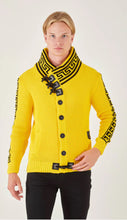 Load image into Gallery viewer, Lagos Red Men's Yellow Button Up Sweater | Meander Print