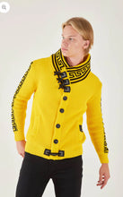 Load image into Gallery viewer, Lagos Red Men's Yellow Button Up Sweater | Meander Print