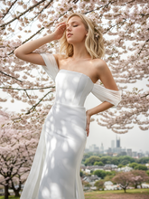 Load image into Gallery viewer, Goddess off-the-shoulder Simple Satin Wedding Dress small train with Tulle Ribbon