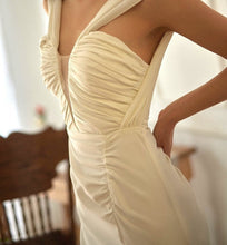 Load image into Gallery viewer, Greece Goddess pleated bodice wide strap fit and flare Satin wedding dress thigh slit little white dress