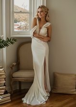 Load image into Gallery viewer, Greece Goddess pleated bodice wide strap fit and flare Satin wedding dress thigh slit little white dress