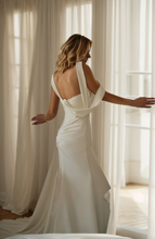 Load image into Gallery viewer, Greece Goddess pleated bodice wide strap fit and flare Satin wedding dress thigh slit little white dress