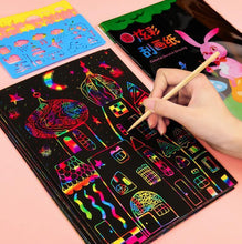 Load image into Gallery viewer, Magic Rainbow Color Scratch Art Paper Card Set With Graffiti Stencil Drawing Board Stick Art Painting Educational Toys
