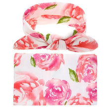 Load image into Gallery viewer, Elegant Colorful Baby Swaddle Wrap Newborn Infant Receiving Blanket Headwear Flower Print Towels With Bow