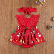 Load image into Gallery viewer, Baby Girls Bodysuits Dress Lace Ruffles Short Sleeve Cartoon Print Jumpsuits Headband