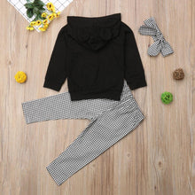 Load image into Gallery viewer, 1-6Y Winter Toddler Baby Girls Clothes Sets, Hooded Pullover Black Tops and Ruffles Plaid Pants Headband In Modern New Style