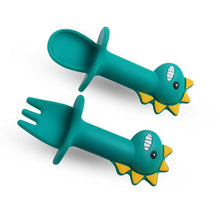 Load image into Gallery viewer, New Baby Feeding Spoon Fork Set Short Easy Cartoon Dinosaur Soft Silicone Teether Toys Non-hurt Training Tableware