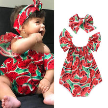 Load image into Gallery viewer, 2PCS Newborn Baby Girl Watermelon Summer Cute Bodysuit Jumpsuit Outfit WIth Bow For Girls