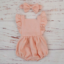 Load image into Gallery viewer, Cotton Baby Girl Double Ruffle Romper Jumpsuit with Headband Playsuit For Newborn With Bow