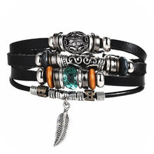 Load image into Gallery viewer, BOHO Tibet Stone Feather Multilayer Leather Bracelet Eye Fish Charms Beads Bracelets For Men Vintage Punk Wrap Wristband Cool Jewelry