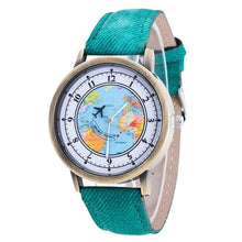 Load image into Gallery viewer, Fashion Casual Watches Women Casual Wristwatch Personality World Map With Airplane Pattern Cowboy Band Quartz Watch For Woman and Girls