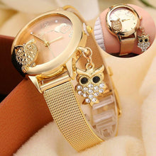 Load image into Gallery viewer, STEVVEX Gold Watch Brand Quartz Women Rose Gold Stainless Steel Mesh Belt Ladies Wristwatch Female Clock Owl (Gold) For Women and Girls