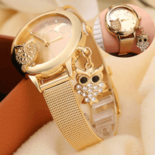 Load image into Gallery viewer, STEVVEX Gold Watch Brand Quartz Women Rose Gold Stainless Steel Mesh Belt Ladies Wristwatch Female Clock Owl (Gold) For Women and Girls