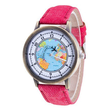 Load image into Gallery viewer, Fashion Casual Watches Women Casual Wristwatch Personality World Map With Airplane Pattern Cowboy Band Quartz Watch For Woman and Girls