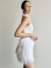 Load image into Gallery viewer, Haltered silky satin upper bodice fitted short above knee-length ostrich feather wedding dress