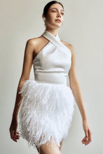 Load image into Gallery viewer, Haltered silky satin upper bodice fitted short above knee-length ostrich feather wedding dress