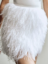 Load image into Gallery viewer, Haltered silky satin upper bodice fitted short above knee-length ostrich feather wedding dress