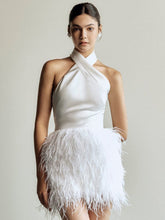 Load image into Gallery viewer, Haltered silky satin upper bodice fitted short above knee-length ostrich feather wedding dress