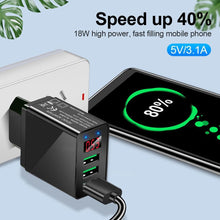 Load image into Gallery viewer, 3 Ports Black USB Charger EU US Plug LED Display 3.1A Fast Charging Smart Mobile Phone Charger