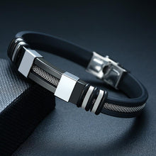 Load image into Gallery viewer, Stainless Steel Bracelet Men Wrist Band Black Grooved Rudder Silicone Mesh Link Insert Punk Wristband Stylish Casual Bangle Cool Gift