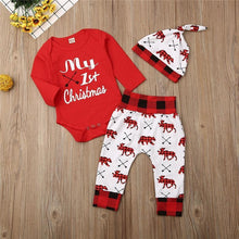 Load image into Gallery viewer, Casual New Baby Boy/Girl First Christmas printed Clothes Romper Trousers Hat Outfit Set