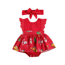 Load image into Gallery viewer, Baby Girls Bodysuits Dress Lace Ruffles Short Sleeve Cartoon Print Jumpsuits Headband