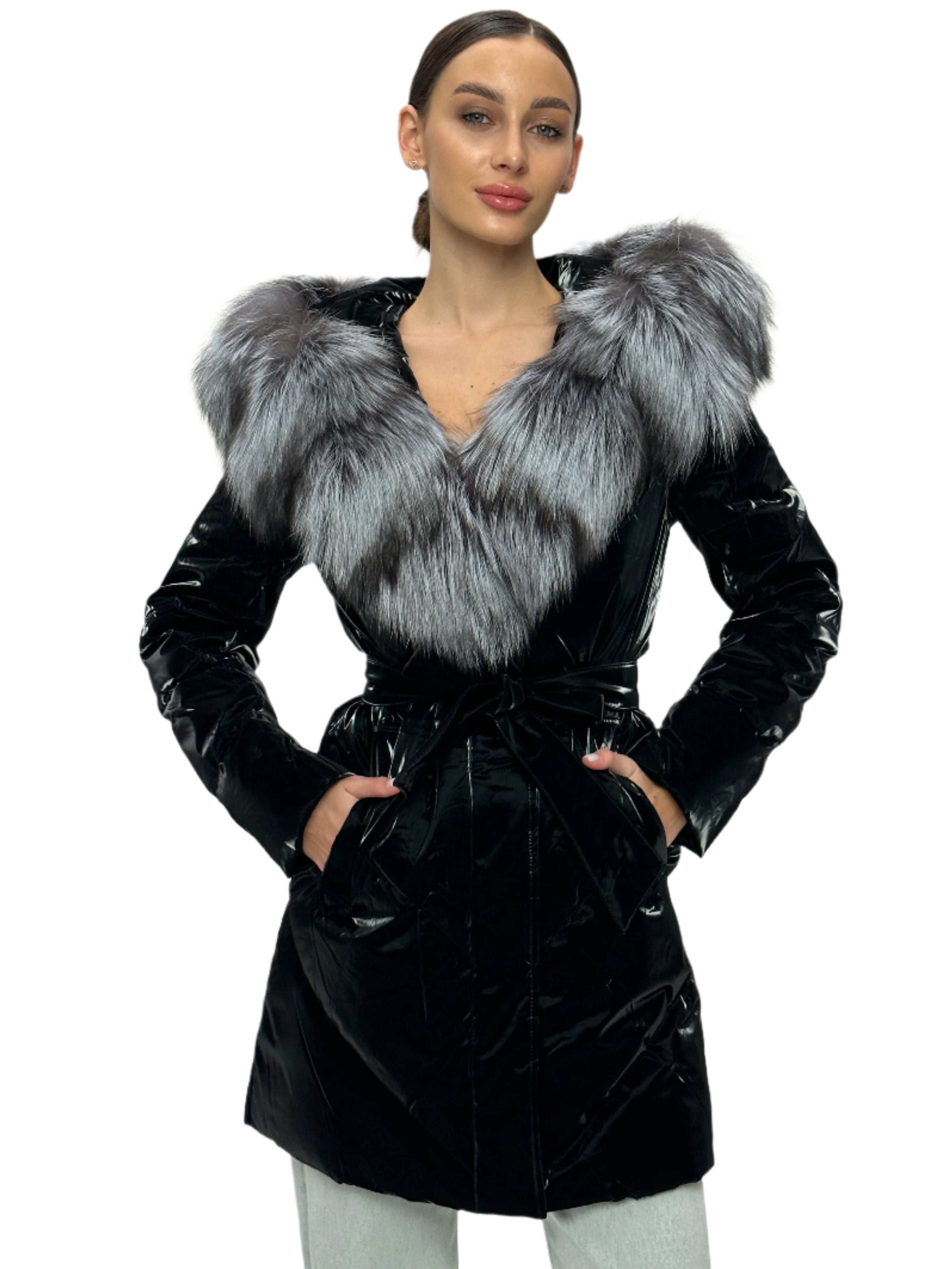 Genuine Silver Fox Fur Down Fill Coat  CC Suits