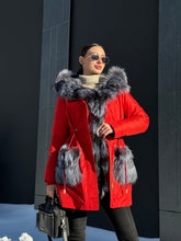 Load image into Gallery viewer, Roma Genuine Silver Fox Fur Rabbit Fur Insulated Parka in Red