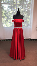 Load image into Gallery viewer, Off-shoulder Ruby Red A-line Japanese Soft Satin Prom Dress with Crystal Beaded Sash