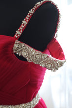 Load image into Gallery viewer, Crystal Beaded Off-shoulder Ruby Red Japanese A-line Soft Tulle Prom Dress
