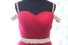 Load image into Gallery viewer, Crystal Beaded Off-shoulder Ruby Red Japanese A-line Soft Tulle Prom Dress