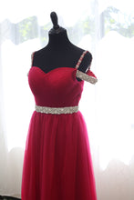Load image into Gallery viewer, Crystal Beaded Off-shoulder Ruby Red Japanese A-line Soft Tulle Prom Dress