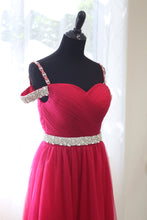 Load image into Gallery viewer, Crystal Beaded Off-shoulder Ruby Red Japanese A-line Soft Tulle Prom Dress
