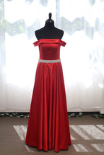 Load image into Gallery viewer, Off-shoulder Ruby Red A-line Japanese Soft Satin Prom Dress with Crystal Beaded Sash