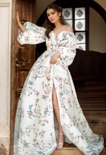 Load image into Gallery viewer, Avera - Sexy floral printed butterfly pattern front-slit bishop sleeves off-the-shoulder Satin Wedding Dress Gown