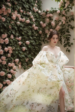 Load image into Gallery viewer, Avera - Sexy floral printed butterfly pattern front-slit bishop sleeves off-the-shoulder Satin Wedding Dress Gown