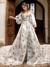 Load image into Gallery viewer, Avera - Sexy floral printed butterfly pattern front-slit bishop sleeves off-the-shoulder Satin Wedding Dress Gown