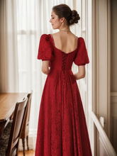 Load image into Gallery viewer, Romantic Vintage-Inspired Ruby Red Lace Midi Dress with Puff Sleeves