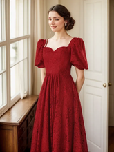 Load image into Gallery viewer, Romantic Vintage-Inspired Ruby Red Lace Midi Dress with Puff Sleeves